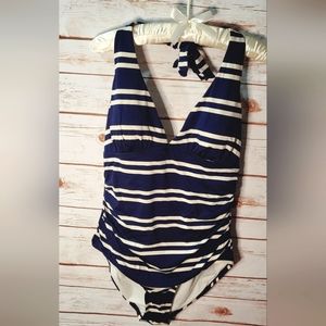 Merona woman one piece swimsuit stripe blue and white size Large